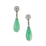 A PAIR OF JADEITE JADE AND DIAMOND EARRINGS each comprising of a single piece of polished jadeite