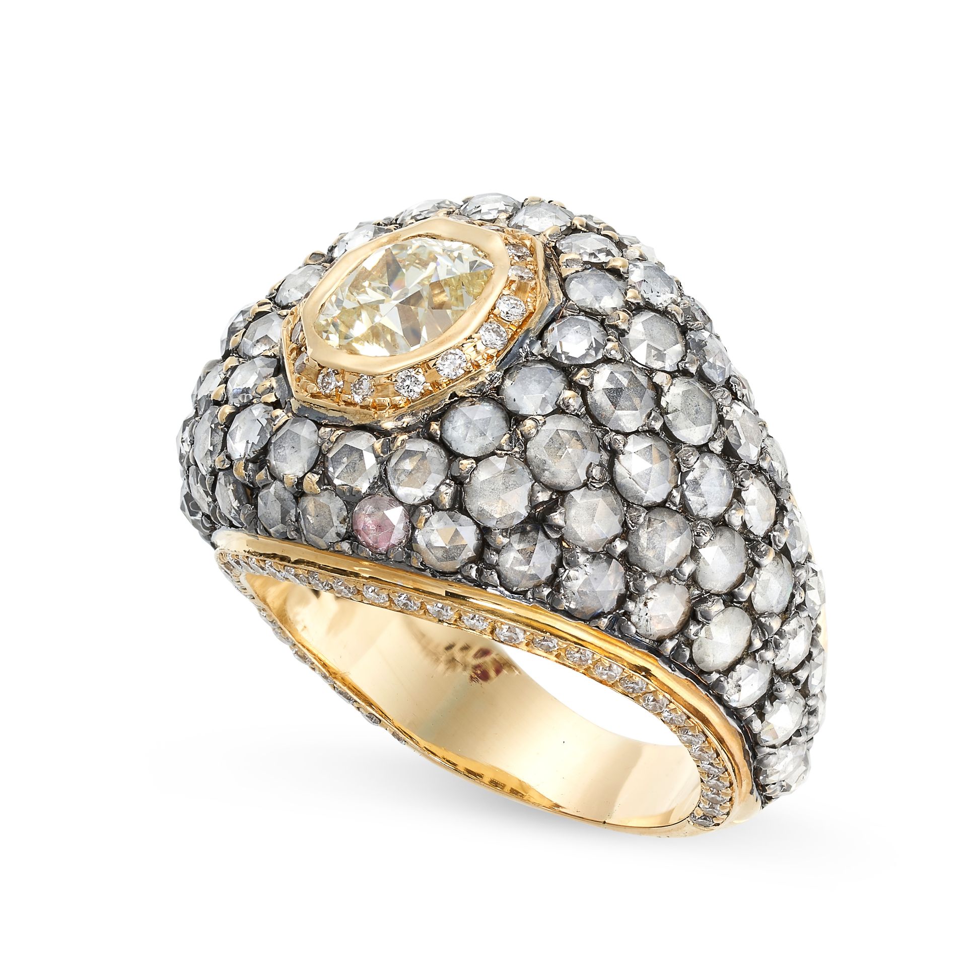 A DIAMOND BOMBE RING set with a central cushion cut yellow diamond of 1.33 carats within a border - Image 2 of 2