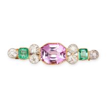 A PINK TOPAZ, EMERALD AND DIAMOND BROOCH, EARLY 20TH CENTURY in yellow gold, set with an octagonal
