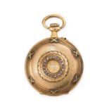 AN ANTIQUE DIAMOND POCKET WATCH in 18ct yellow gold, the circular case with textured and cross