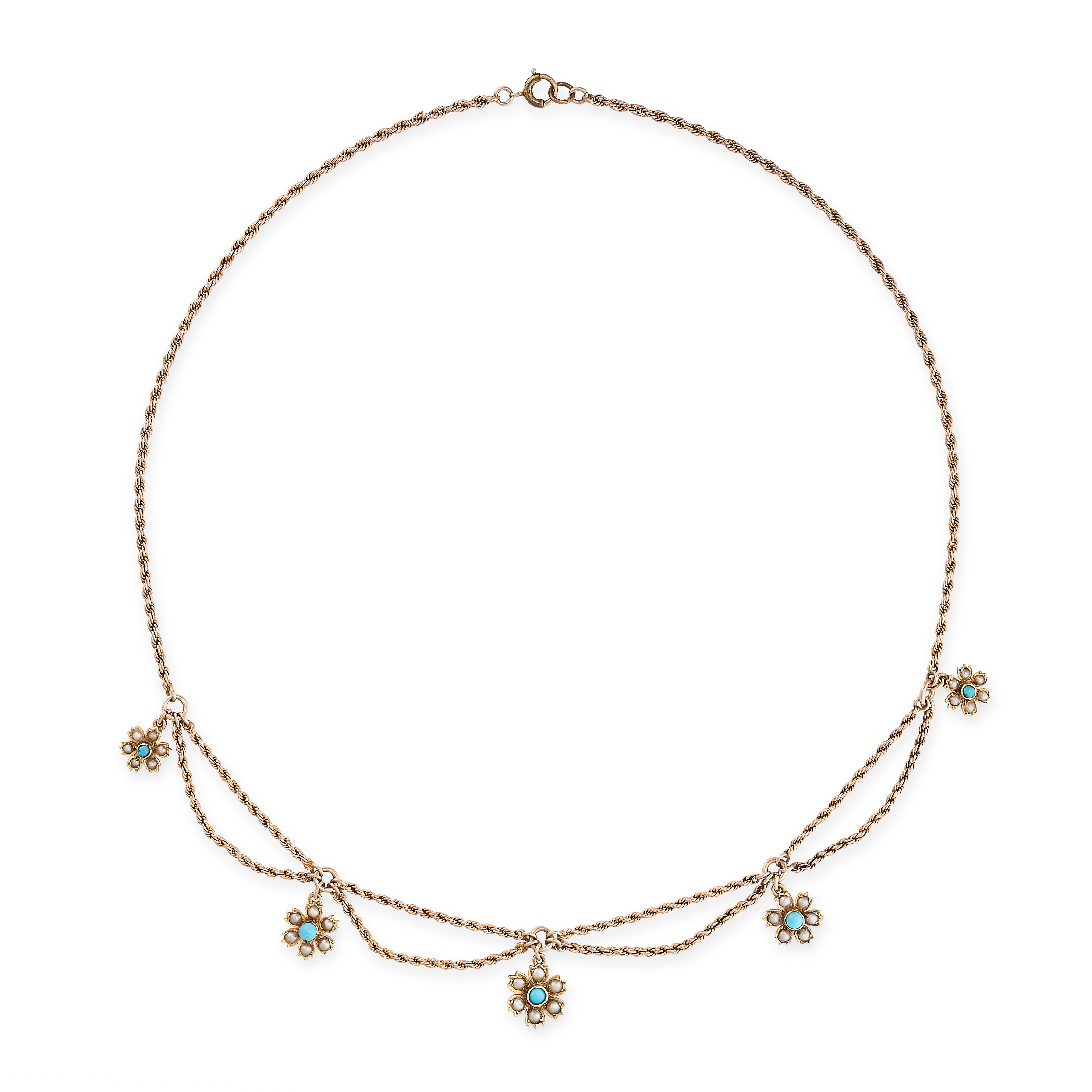 AN ANTIQUE TURQUOISE AND PEARL NECKLACE in yellow gold, the chain suspending five graduated pendants