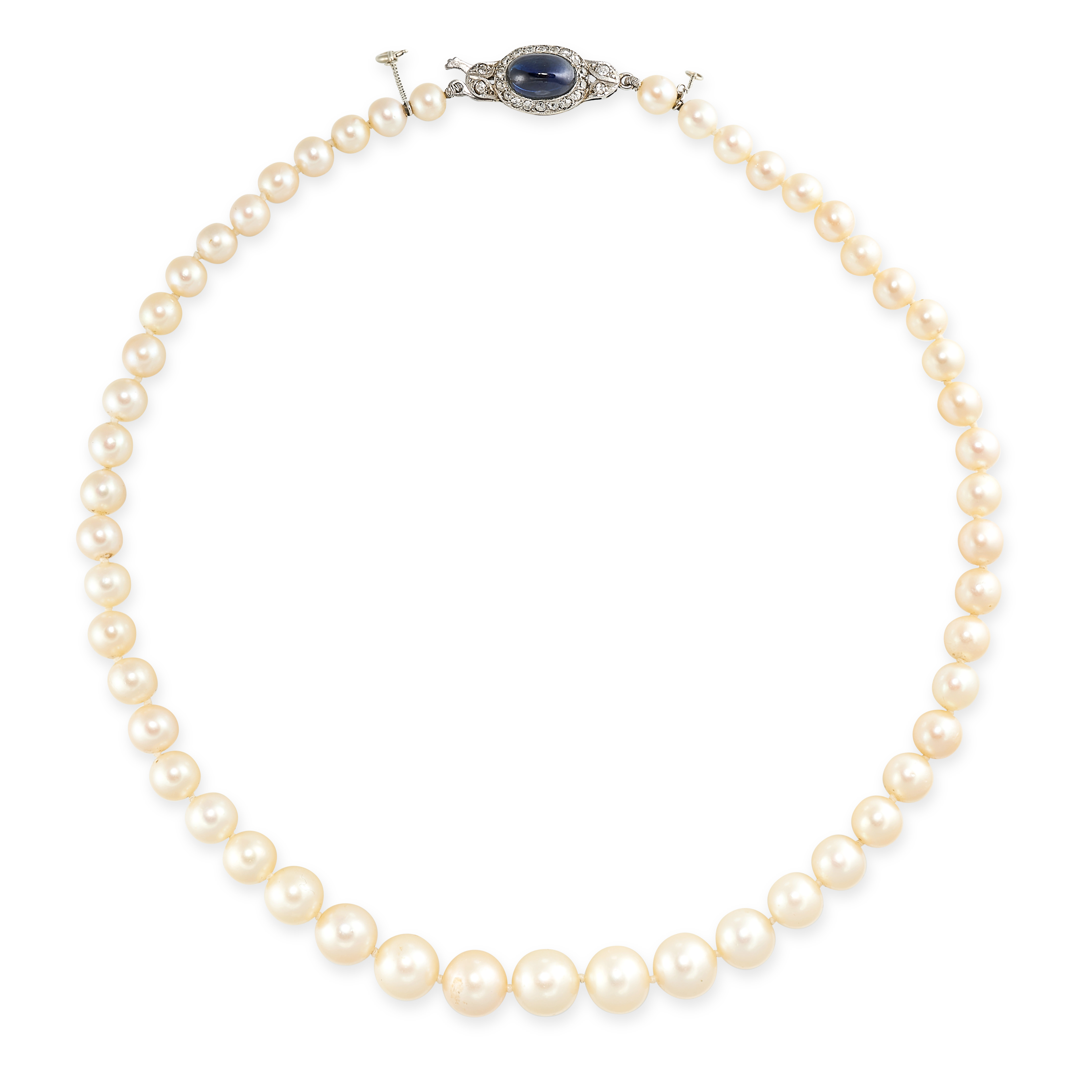 A PEARL, SAPPHIRE AND DIAMOND NECKLACE comprising a single row of pearls ranging from 5.0mm-8.6mm,