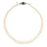 A PEARL, SAPPHIRE AND DIAMOND NECKLACE comprising a single row of pearls ranging from 5.0mm-8.6mm,