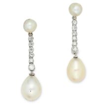 A PAIR OF NATURAL PEARL AND DIAMOND EARRINGS in 18ct white gold, each suspending a drop shaped
