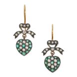 A PAIR OF EMERALD, DIAMOND AND PEARL SWEETHEART EARRINGS with heart and ribbon motifs, set with