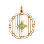 AN ANTIQUE PERIDOT AND PEARL PENDANT in 15ct yellow gold, the scalloped body set to the centre