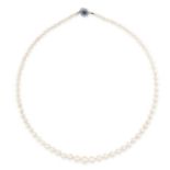 A PEARL, SAPPHIRE AND DIAMOND NECKLACE comprising of a single row of pearls ranging from 3.5mm to