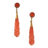 A PAIR OF ANTIQUE CARVED CORAL DROP EARRINGS in yellow gold, the bodies set with elongated