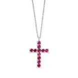 A RUBY CROSS PENDANT NECKLACE set with round cut rubies totalling 0.70 carats, chain stamped 750,
