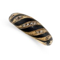 AN ANTIQUE VICTORIAN DIAMOND AND ENAMEL MOURNING RING, 1854 in 18ct yellow gold, the tapering body