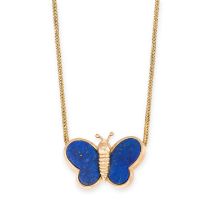 A LAPIS LAZULI BUTTERFLY PENDANT NECKLACE in the form of a butterfly with lapis lazuli set wings, no
