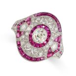 AN ART DECO STYLE RUBY AND DIAMOND RING the tapering face set with a central old cut diamond of
