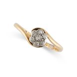 A DIAMOND CLUSTER DRESS RING in 18ct yellow gold, the stylised band with a central scalloped cluster