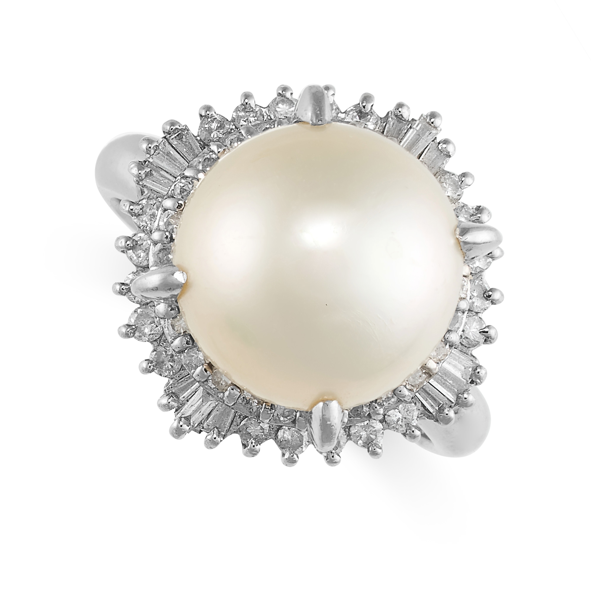 A PEARL AND DIAMOND DRESS RING set with a pearl of 11.5mm in a border of brilliant and tapering