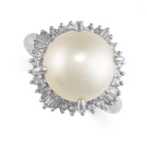 A PEARL AND DIAMOND DRESS RING set with a pearl of 11.5mm in a border of brilliant and tapering