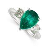 AN EMERALD AND DIAMOND THREE STONE RING set with a pear-cut emerald of 2.17 carats between two