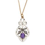 AN AMETHYST, PEARL AND ENAMEL PENDANT AND CHAIN the pendant of open framework design, set with an