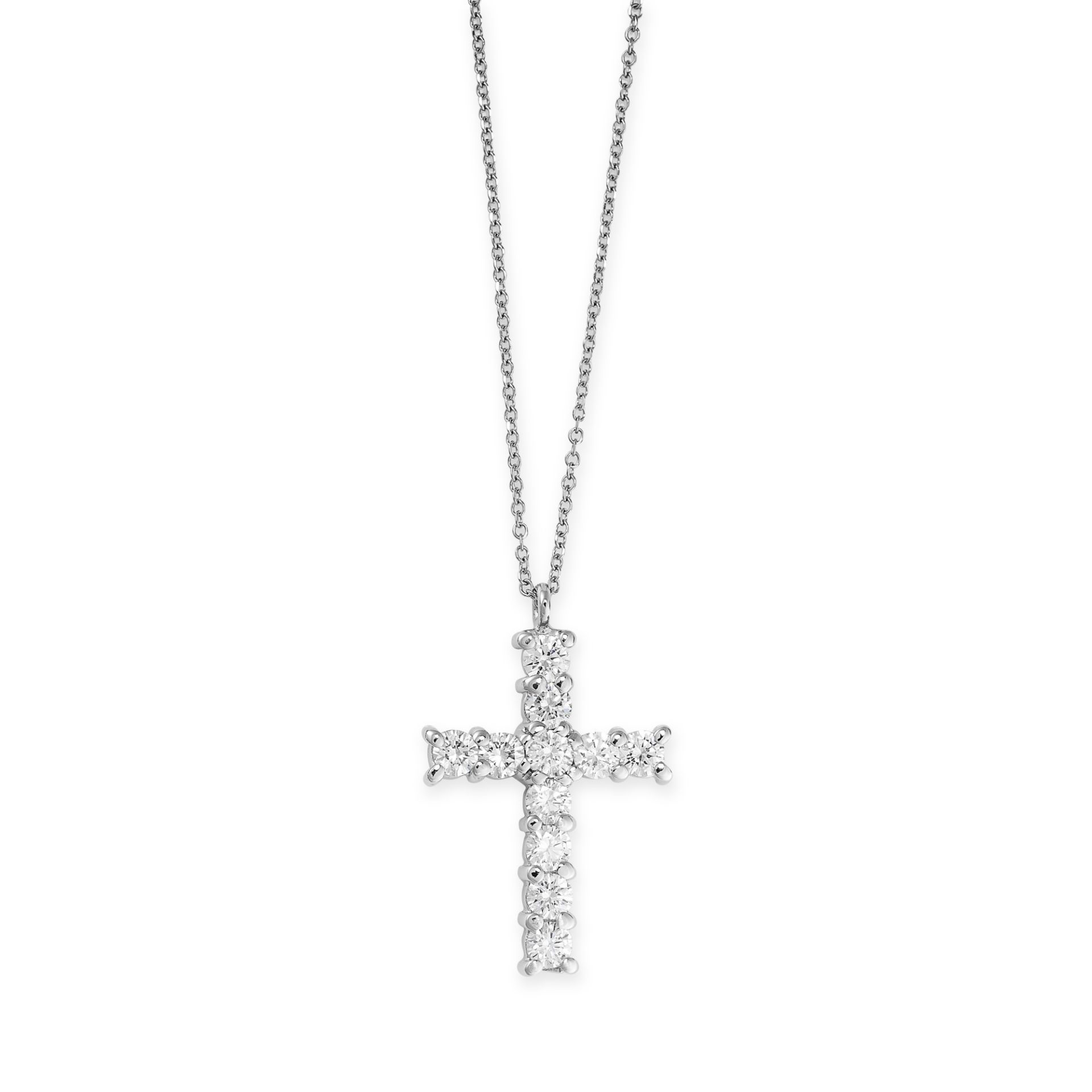 A DIAMOND CROSS PENDANT NECKLACE set with round cut diamonds totalling 0.70 carats, chain stamped