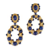 A PAIR OF VINTAGE LAPIS LAZULI EARRINGS the articulated bodies with textured metalwork, set with