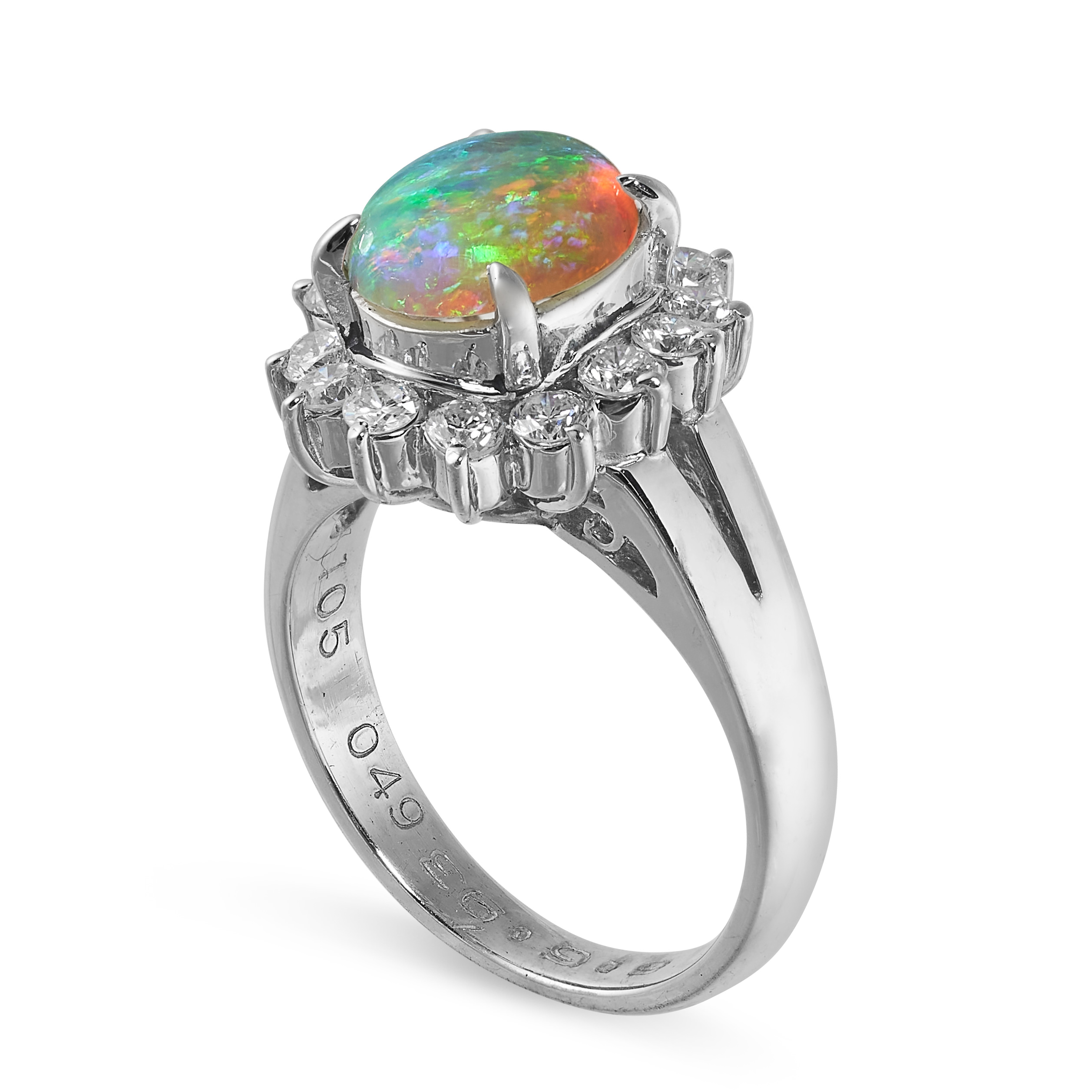 AN OPAL AND DIAMOND RING set with an oval cabochon opal in a cluster of brilliant cut diamonds, - Image 2 of 2