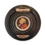 ANTIQUE PORTRAIT MINIATURE SNUFF BOX, 19TH CENTURY mounted with yellow gold, of circular design,