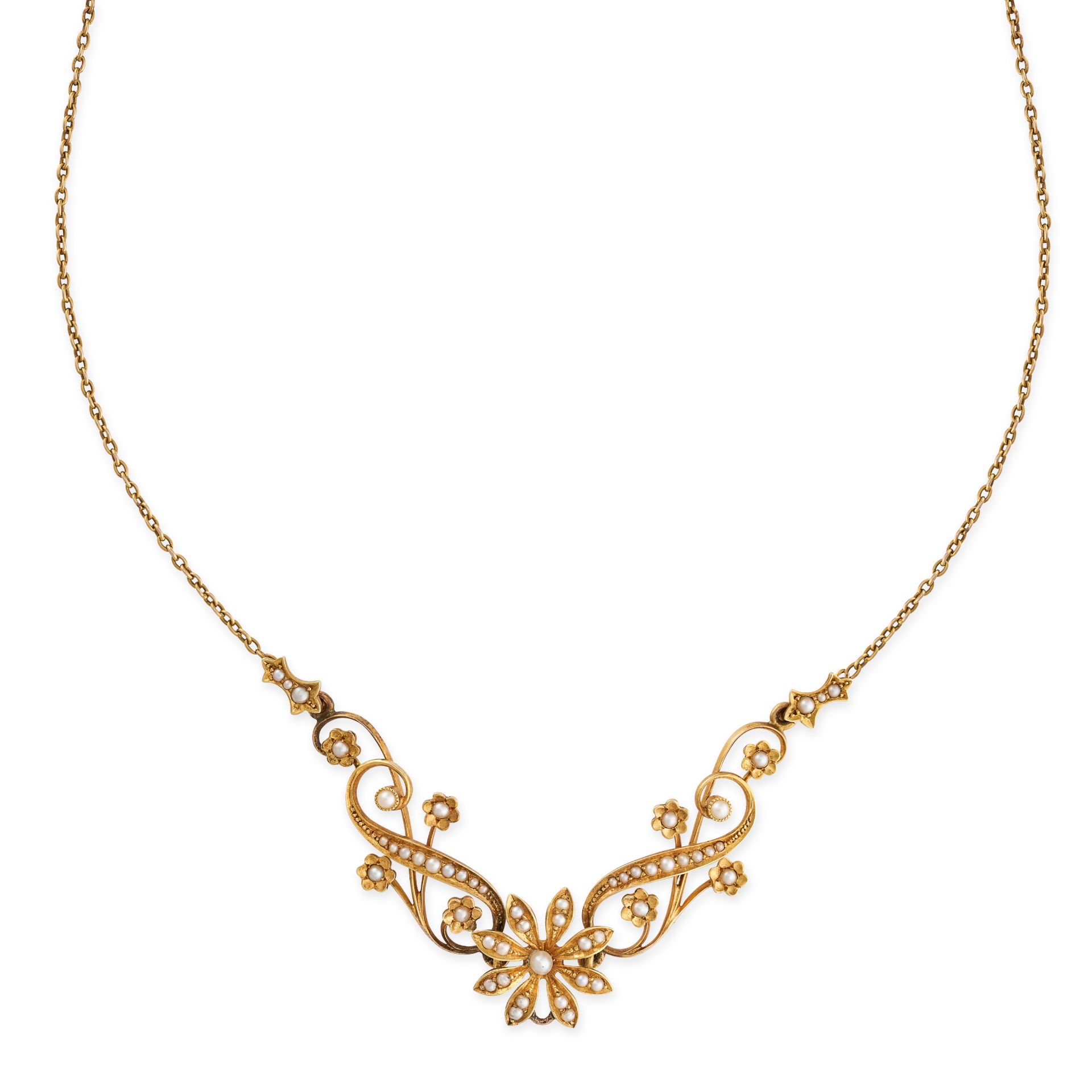 AN ANTIQUE PEARL NECKLACE, CIRCA 1900 in 15ct yellow gold, formed of floral and scrolling links