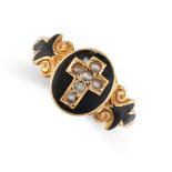 AN ANTIQUE PEARL AND ENAMEL HIDDEN MOURNING LOCKET RING, 19TH CENTURY in 18ct yellow gold, the