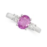 A PINK SAPPHIRE AND DIAMOND THREE STONE RING in 18ct white gold, set with an oval-cut pink
