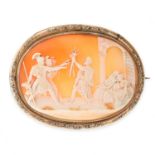 AN ANTIQUE SHELL CAMEO BROOCH in pinchbeck, the oval body set with a shell cameo carved in detail to