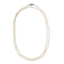 A PEARL, DIAMOND AND SAPPHIRE NECKLACE in 18ct white gold, comprising a single row of pearl beads of