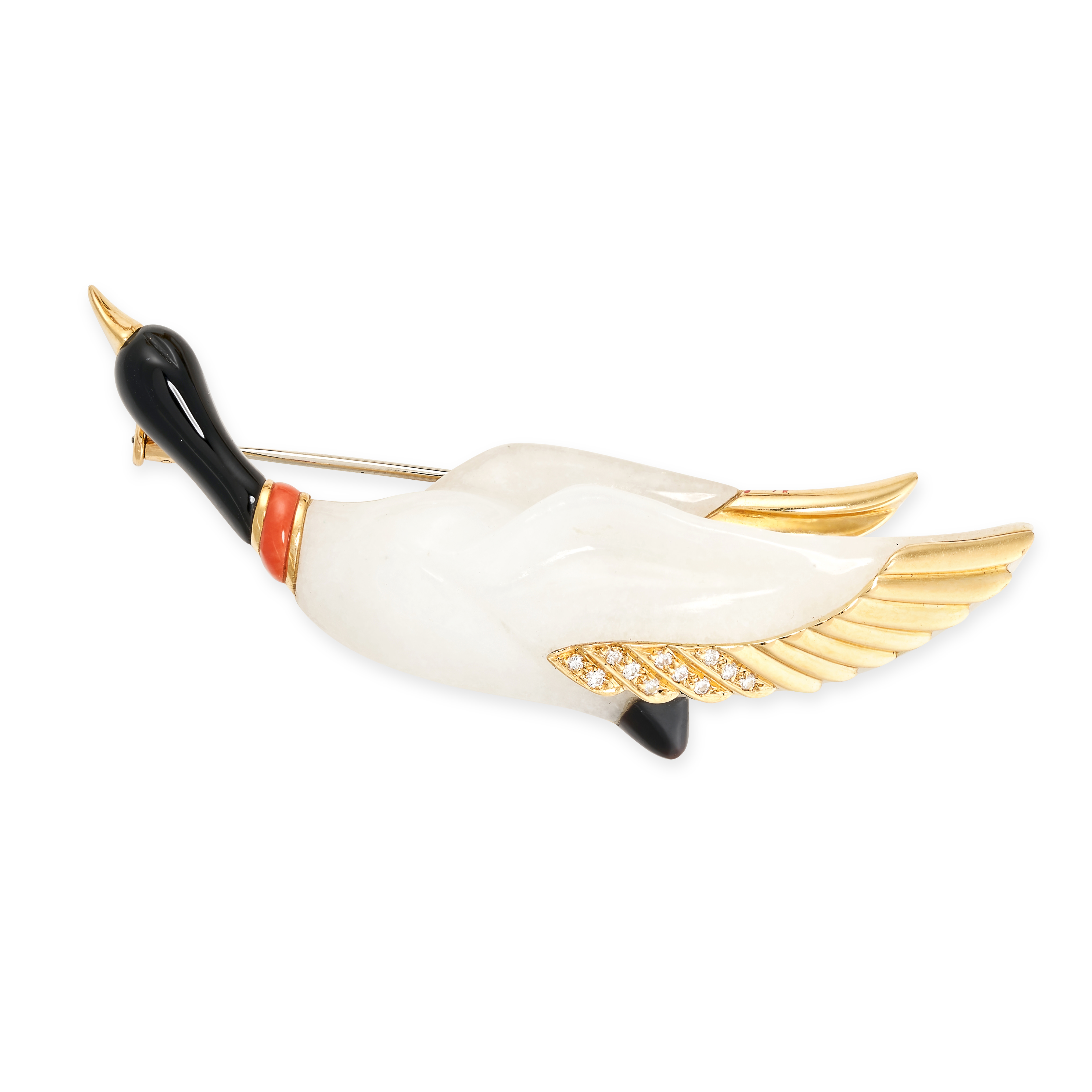 A WHITE JADEITE JADE, CORAL, ONYX AND DIAMOND DUCK BROOCH, DOMINIQUE ARPELS in 18ct yellow gold, the
