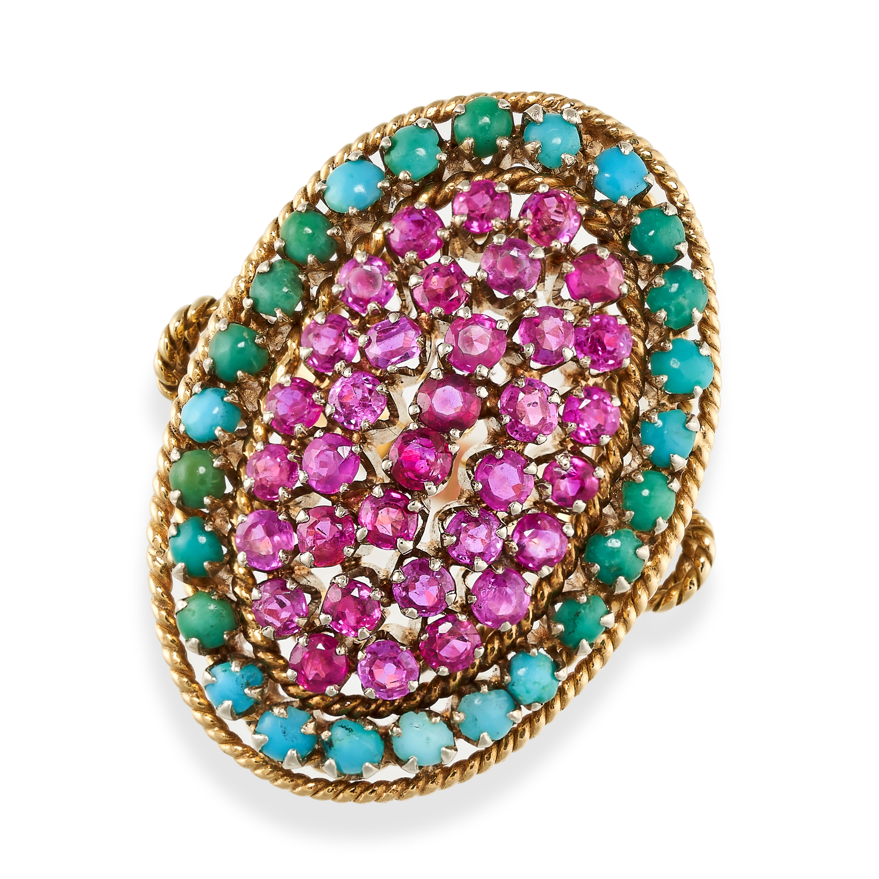 A BURMA NO HEAT RUBY AND TURQUOISE DRESS RING the oval face pave set with round cut rubies in a