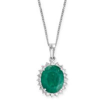 AN EMERALD AND DIAMOND PENDANT AND CHAIN set with an oval cut emerald of 6.62 carats in a cluster of