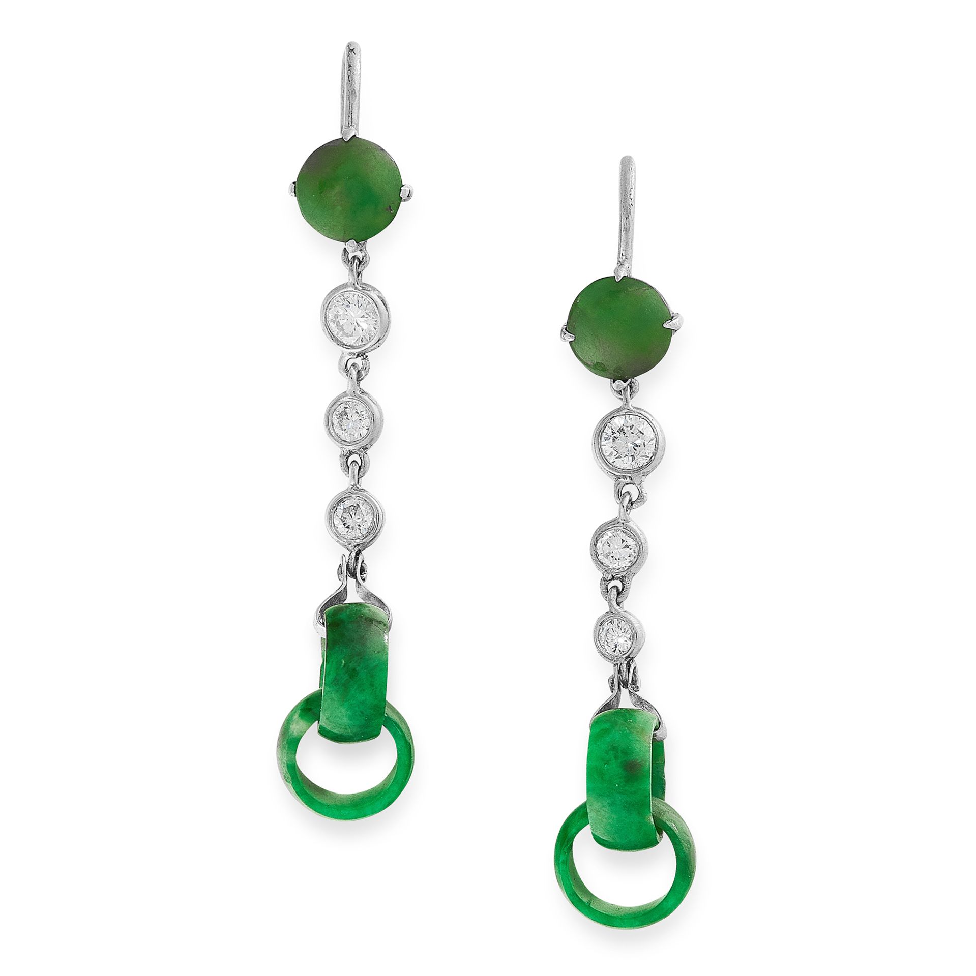 A PAIR OF JADEITE JADE AND DIAMOND EARRINGS each formed of two interlocking carved and polished