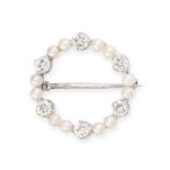A VINTAGE PEARL AND DIAMOND BROOCH in 18ct white gold, the circular body set with a row of pearls