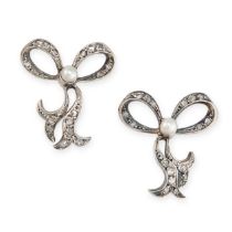 A PAIR OF ANTIQUE PEARL AND DIAMOND RIBBON BOW EARRINGS set with pearls and rose cut diamonds, 1.