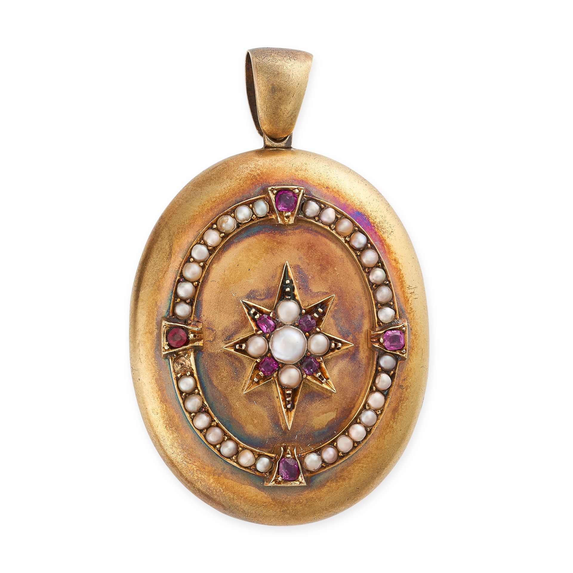 AN ANTIQUE RUBY AND PEARL HAIRWORK MOURNING LOCKET PENDANT in yellow gold, the hinged oval body