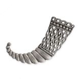 AN ANTIQUE NOSEGAY LAPEL BROOCH in silver, designed as a cornucopia with basket weave decoration,