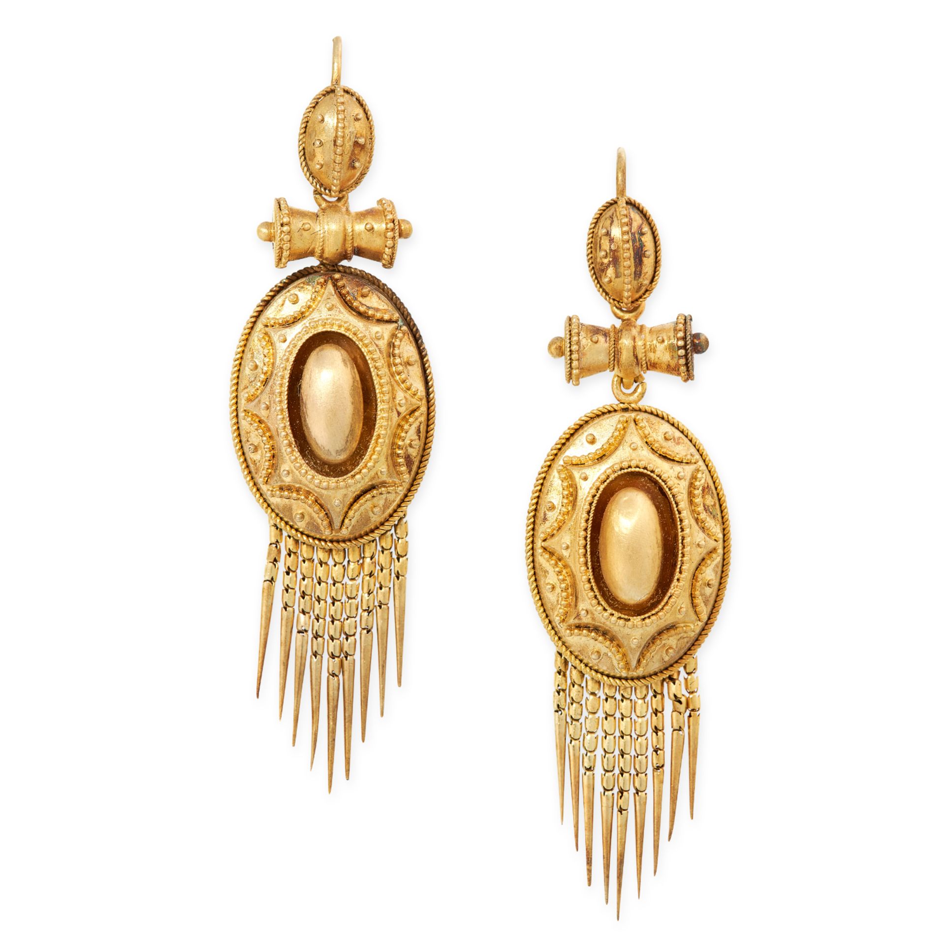 A PAIR OF ANTIQUE TASSEL EARRINGS, 19TH CENTURY in yellow gold, in the Etruscan revival manner,