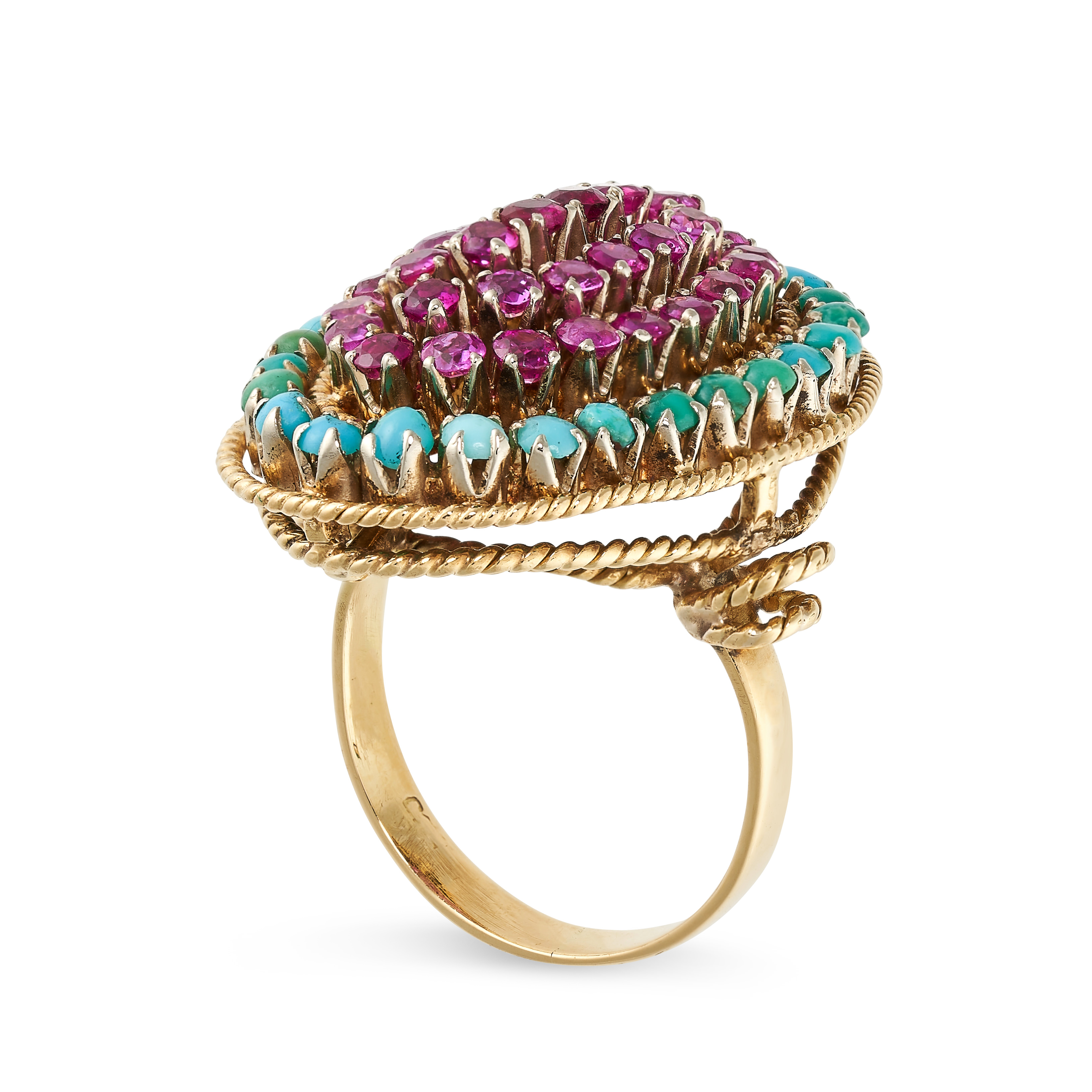 A BURMA NO HEAT RUBY AND TURQUOISE DRESS RING the oval face pave set with round cut rubies in a - Image 2 of 2