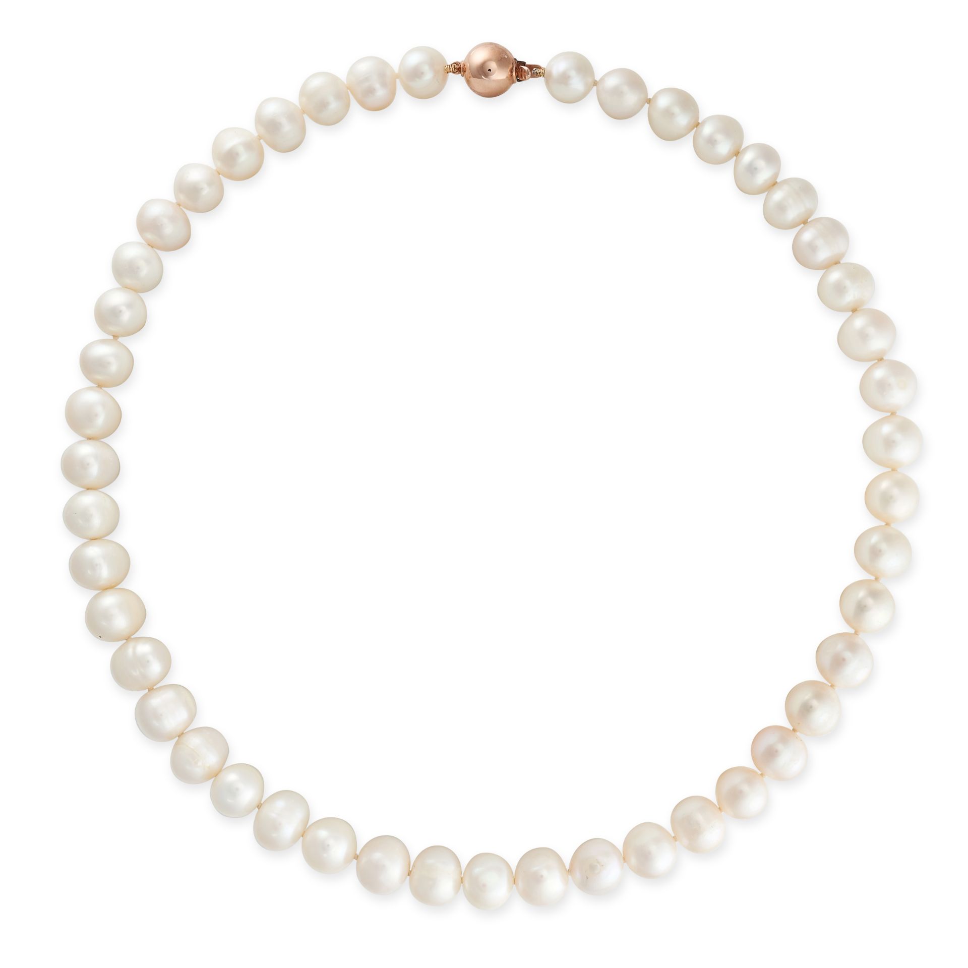 A PEARL NECKLACE comprising a single row of pearls, stamped 375, 45.0cm, 61.6g.