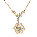 AN ANTIQUE PEARL AND TURQUOISE PENDANT NECKLACE in 15ct yellow gold, the pendant of openwork