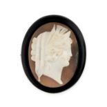 AN ANTIQUE SHELL CAMEO AND JET BROOCH the oval body set with a shell cameo carved to depict the