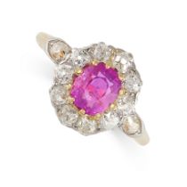 A BURMA NO HEAT RUBY AND DIAMOND RING in high carat yellow gold, set with a cushion cut ruby of 1.14