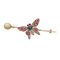 AN ANTIQUE OPAL, SAPPHIRE, DIAMOND AND RUBY BUTTERFLY BROOCH in yellow gold, the butterfly is set