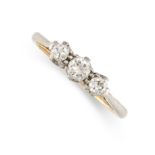 A DIAMOND THREE STONE RING in 18ct yellow gold, set with a trio of graduated old transitional