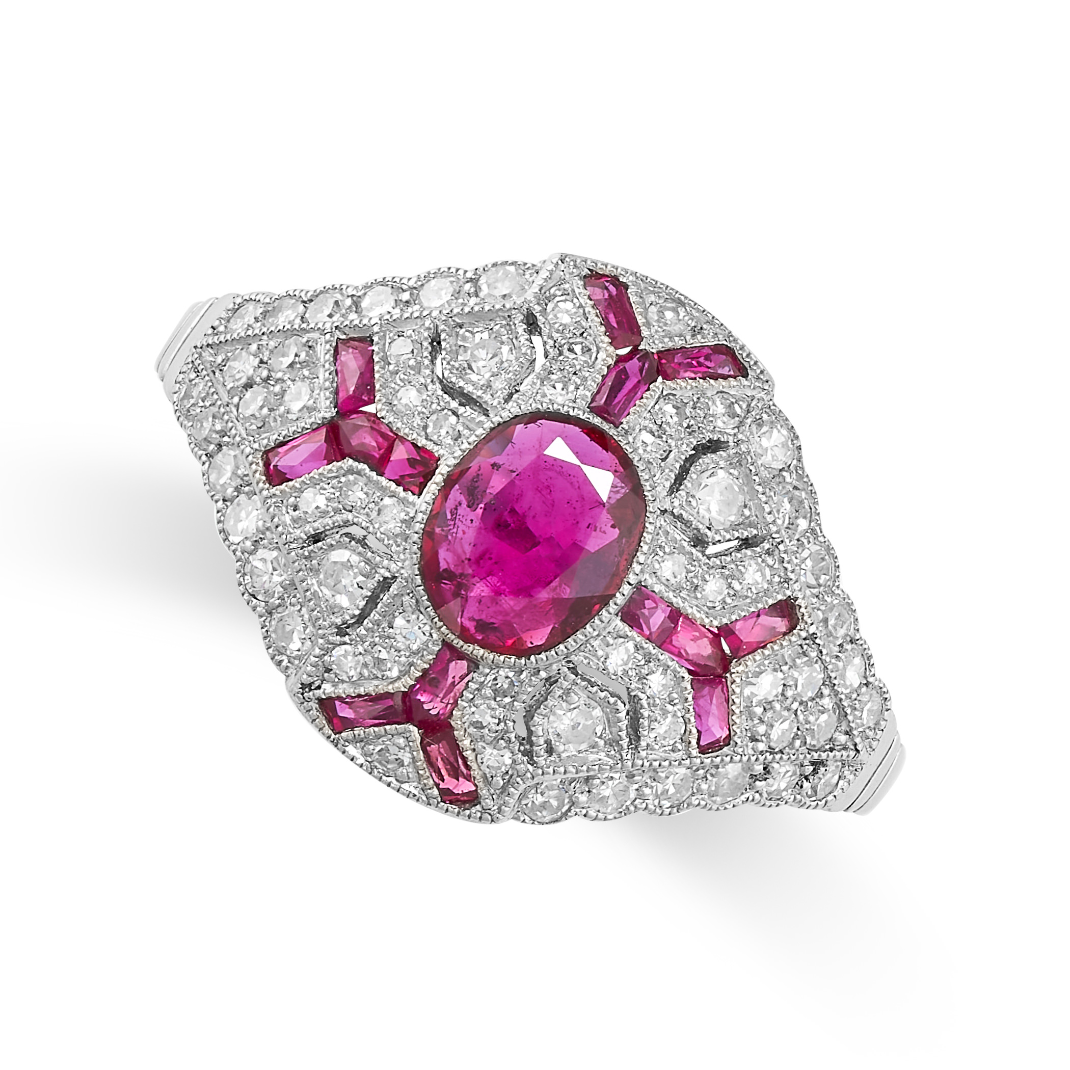 A RUBY AND DIAMOND DRESS RING the tapering face set with a central oval cut ruby, accented by single