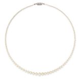 A PEARL NECKLACE comprising a single row of pearls ranging from 2mm-7.5mm, the rectangular clasp set