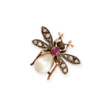 AN ANTIQUE DIAMOND, RUBY AND PEARL BUTTERFLY BROOCH in yellow gold and silver, the body formed of