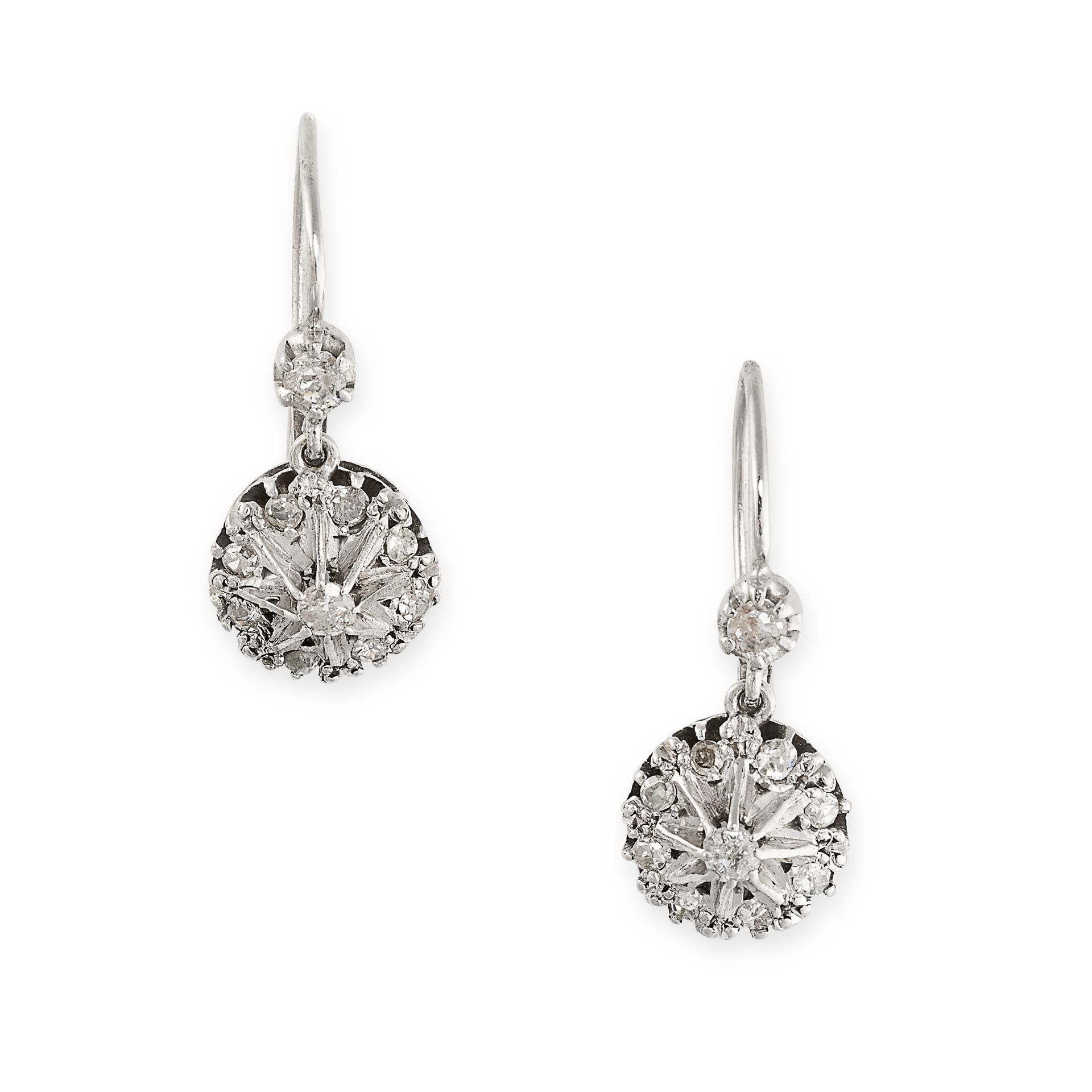 A PAIR OF VINTAGE DIAMOND DROP EARRINGS in white gold, each set with a cluster of single cut